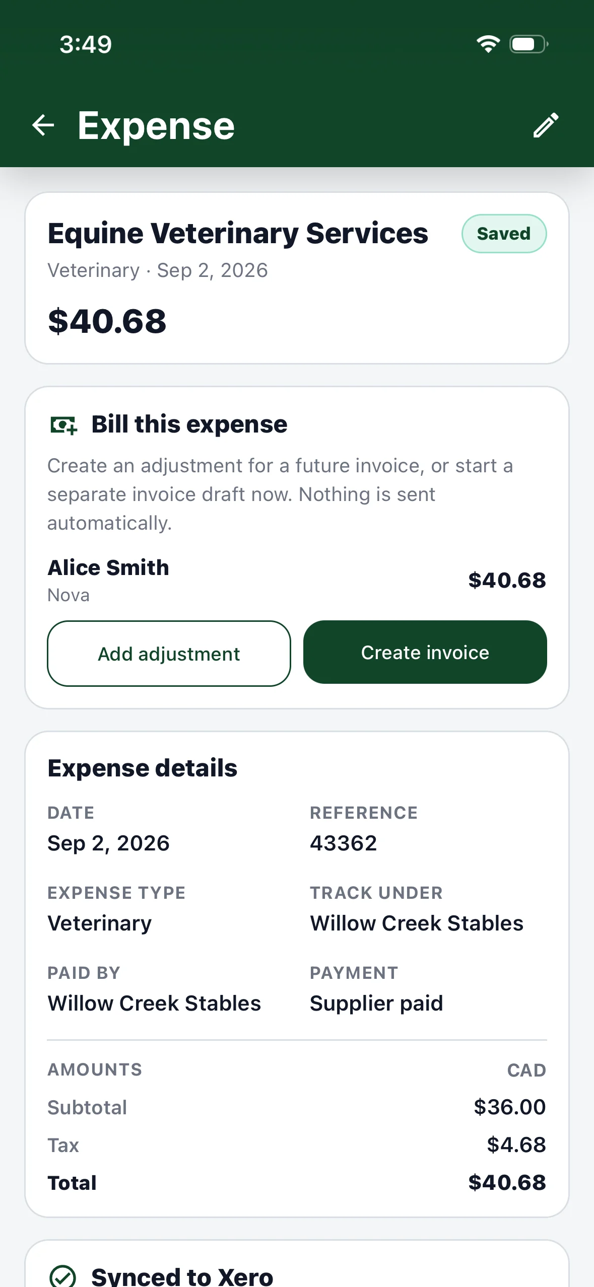 Aurestra expense with options to add an invoice adjustment or create an invoice